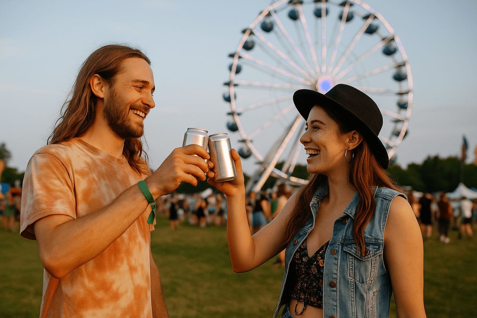 Ein junges Paar stößt mit Bierdosen auf einem Festival an, im Hintergrund ein beleuchtetes Riesenrad und feiernde Menschen auf dem Festivalgelände bei Sonnenuntergang.